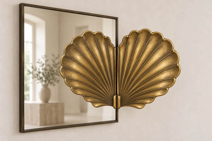 Scallop Echo sculptural mirror in warm brass tone, wide rectangular frame