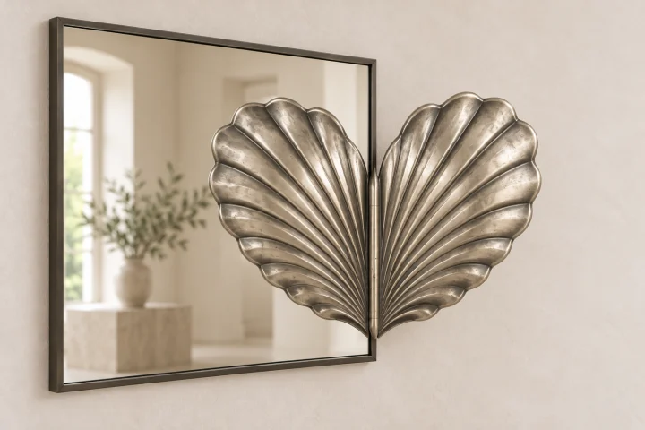 Cockle Echo sculptural mirror in satin silver tone, square frame
