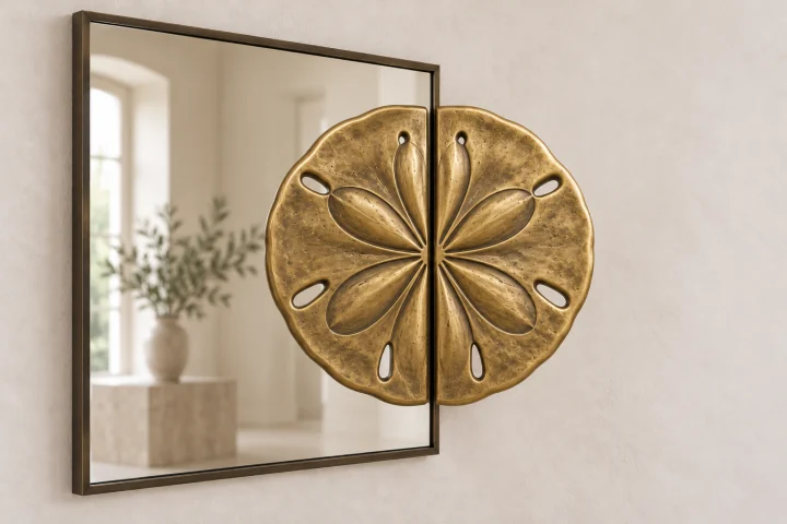 Sand Dollar Echo sculptural mirror in warm brass tone, square frame