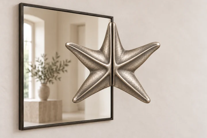 Sea Star Echo sculptural mirror in satin silver tone, square frame