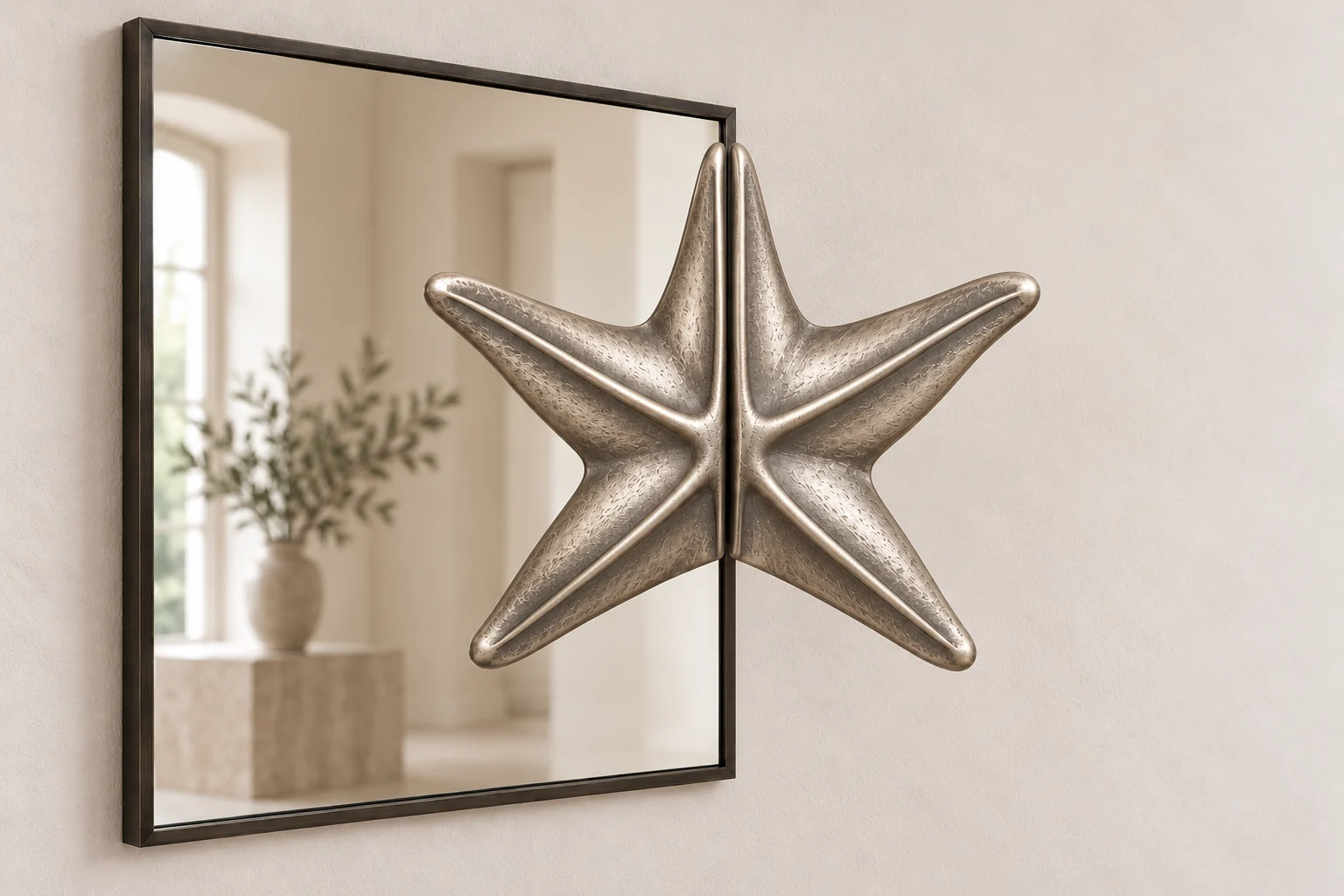 Sea Star Echo sculptural mirror in satin silver tone, square frame