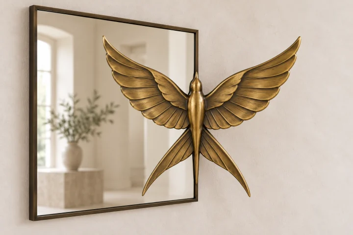 Swallow Echo sculptural mirror in warm brass tone, wide rectangular frame