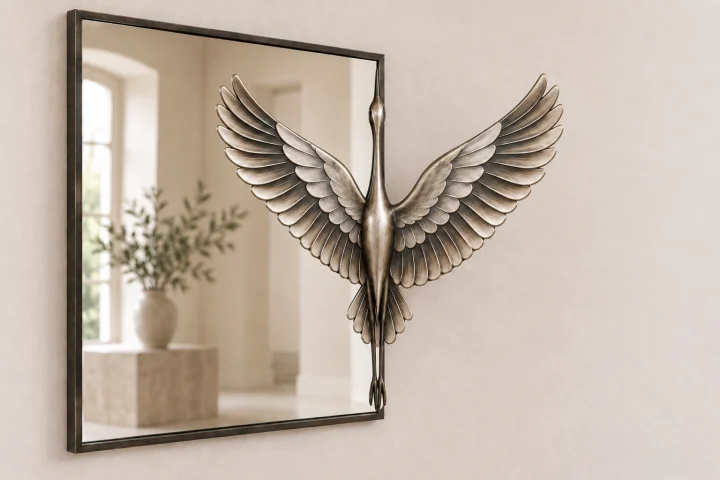Crane Echo sculptural mirror in satin silver tone, tall rectangular frame
