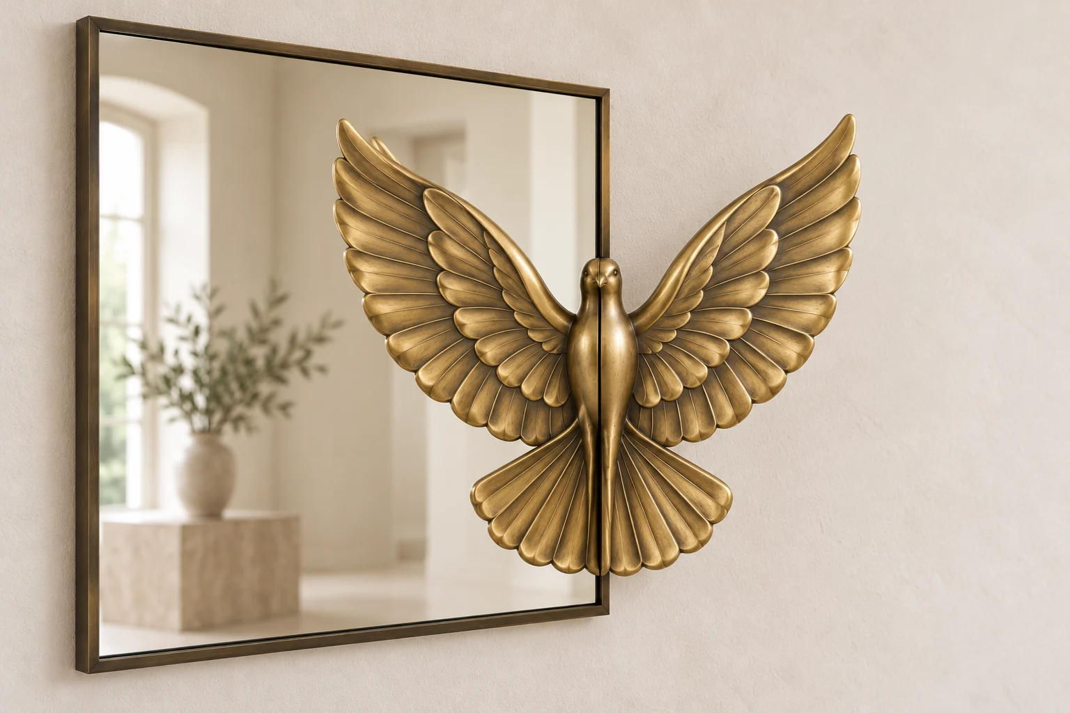 Dove Echo sculptural mirror in warm brass tone, square frame