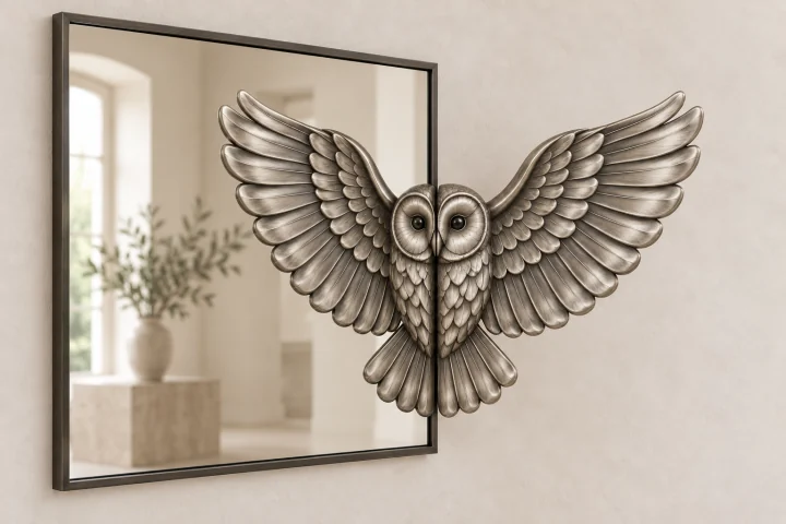 Owl Echo sculptural mirror in satin silver tone, wide rectangular frame