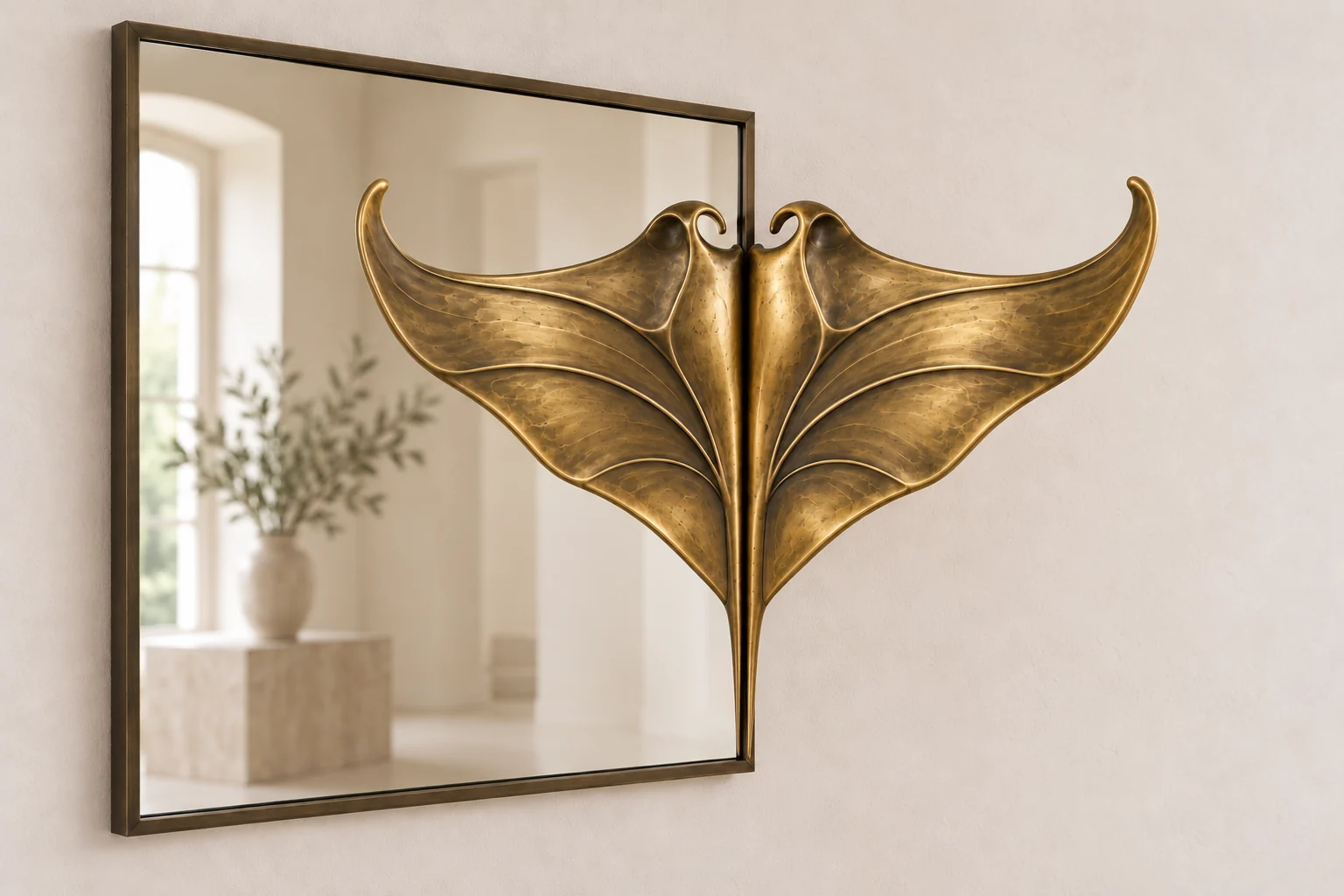 Manta Echo sculptural mirror in warm brass tone, wide rectangular frame