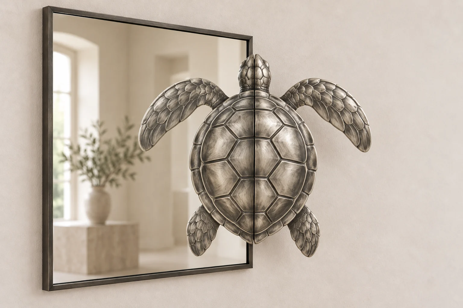 Sea Turtle Echo sculptural mirror in satin silver tone, tall rectangular frame
