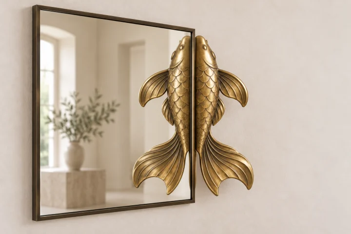 Koi Echo sculptural mirror in warm brass tone, tall narrow rectangular frame