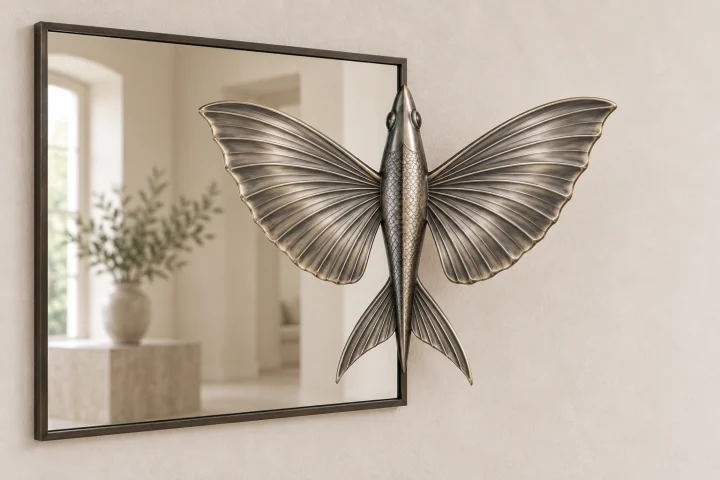 Flying Fish Echo sculptural mirror in satin silver tone, wide rectangular frame