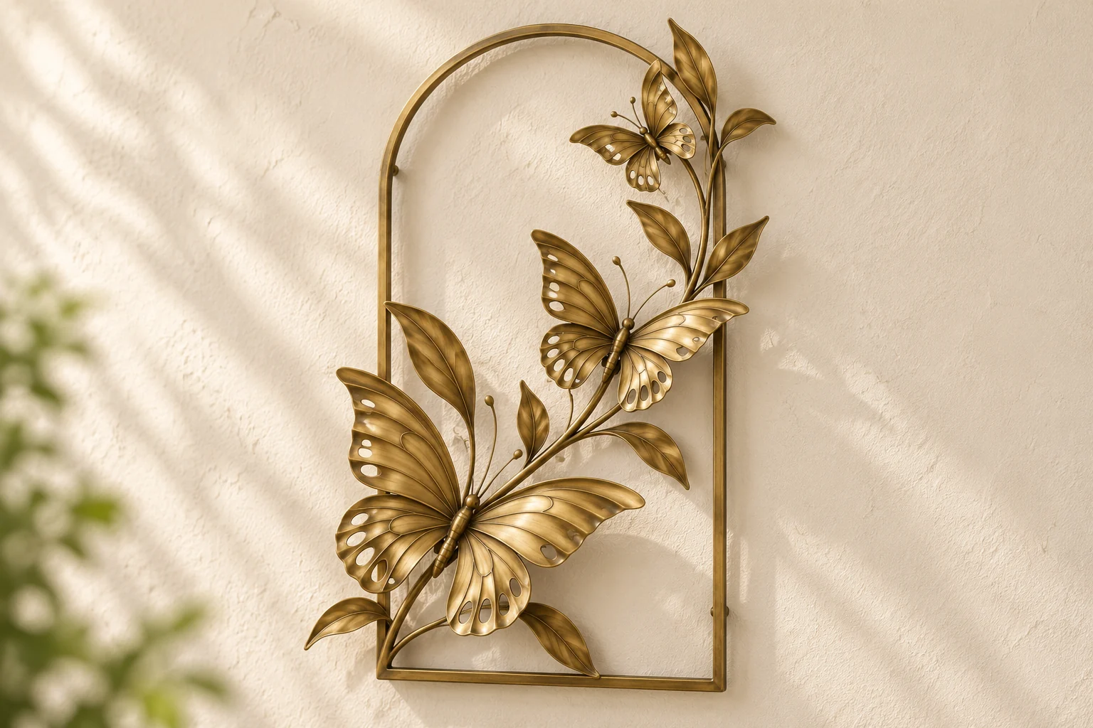 Wingrise Garden open-frame wall art in warm brass tone, tall arch frame