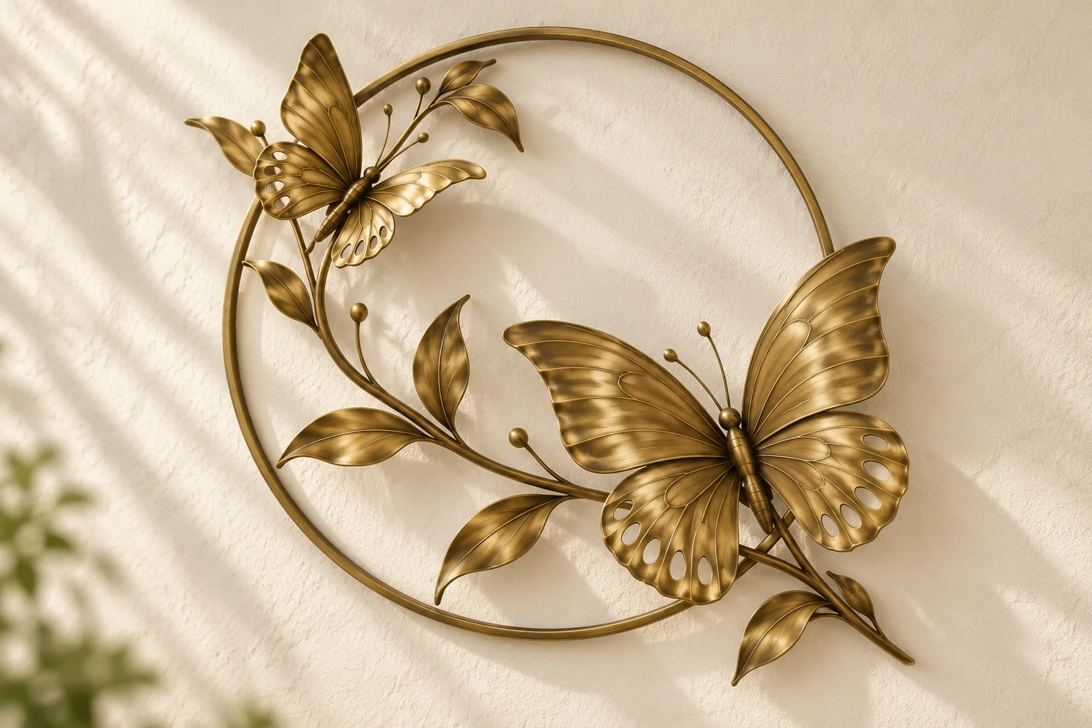 Butterfly Orbit open-frame wall art in warm brass tone, circular ring frame
