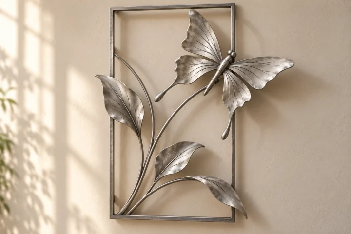 Swallowtail Window open-frame wall art in satin silver tone, slim vertical rectangle frame