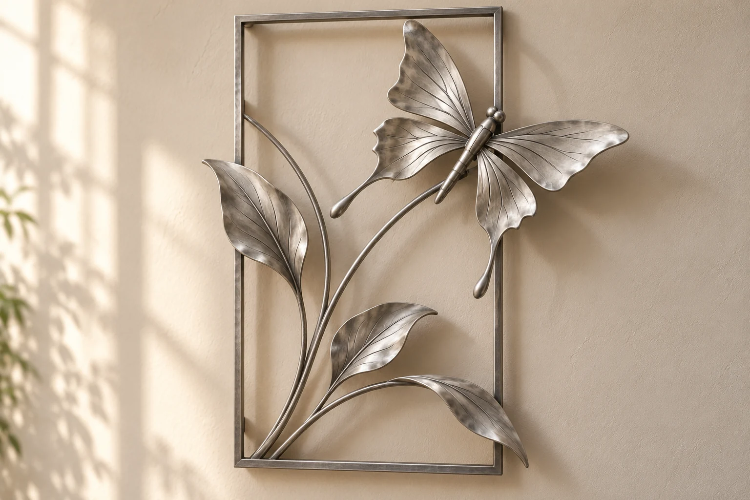 Swallowtail Window open-frame wall art in satin silver tone, slim vertical rectangle frame