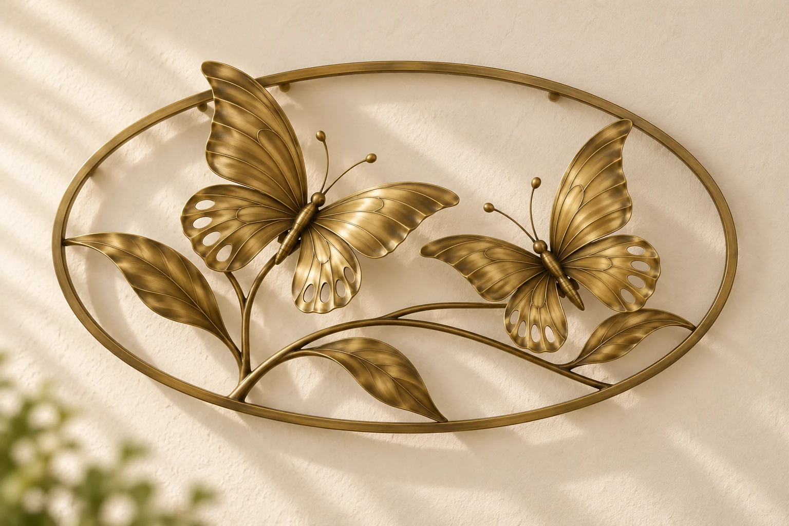 Meadow Pair open-frame wall art in warm brass tone, horizontal oval frame