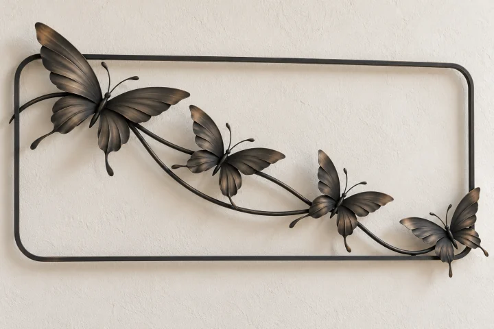 Butterfly Cascade open-frame wall art in dark iron tone, wide rounded rectangle frame