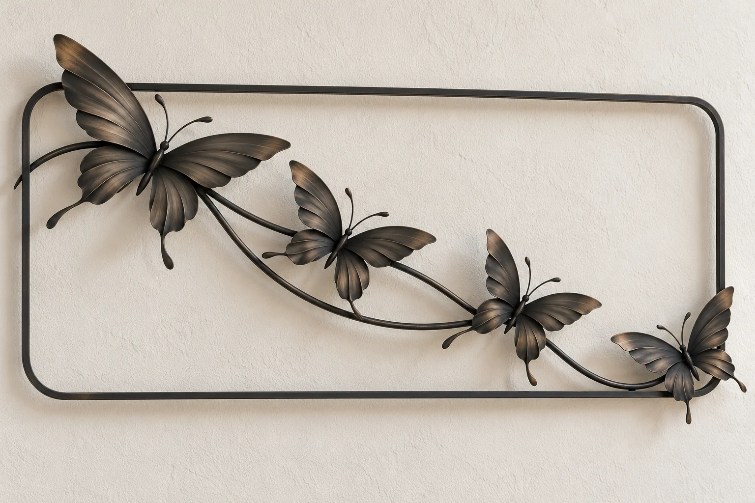 Butterfly Cascade open-frame wall art in dark iron tone, wide rounded rectangle frame