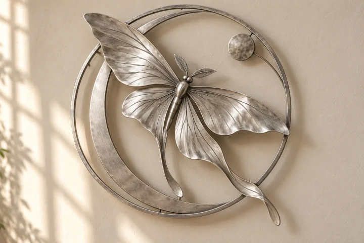 Luna Crescent open-frame wall art in satin silver tone, open crescent within circular outer ring frame