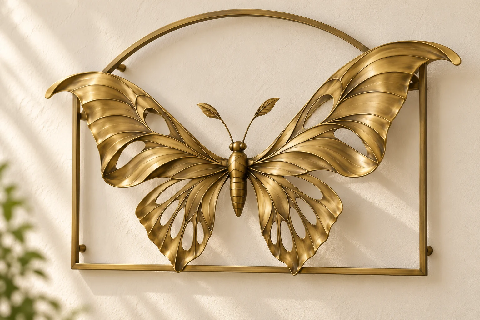 Atlas Portal open-frame wall art in warm brass tone, broad low arch frame