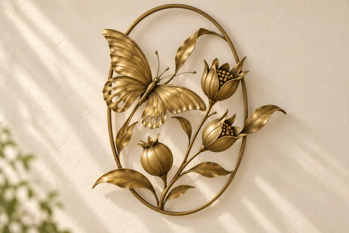 Moth and Seed open-frame wall art in warm brass tone, tall oval frame
