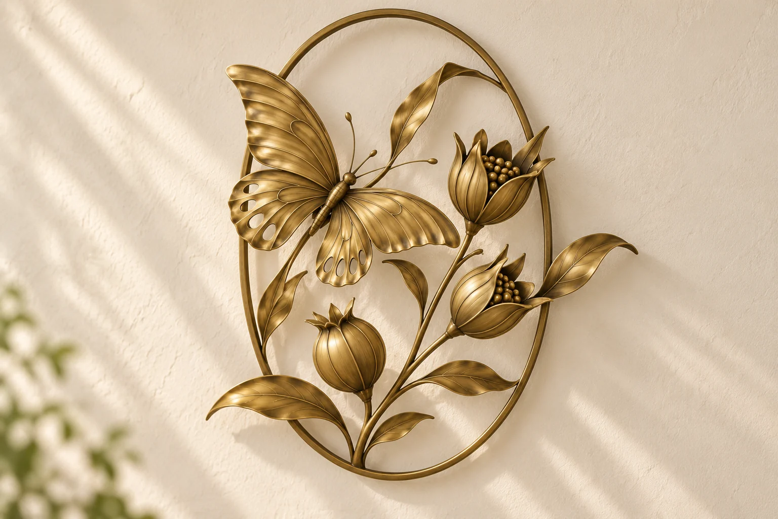 Moth and Seed open-frame wall art in warm brass tone, tall oval frame