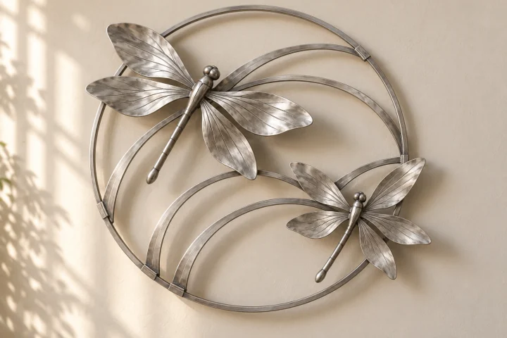 Dragonfly Ripples open-frame wall art in satin silver tone, circular ring frame