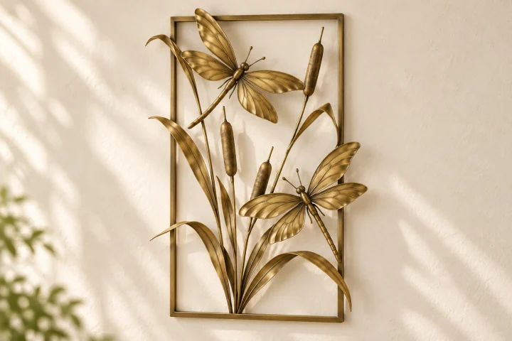Reed Dance open-frame wall art in warm brass tone, tall rectangle frame