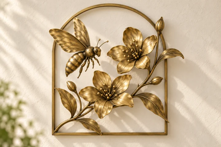 Bee and Blossom open-frame wall art in warm brass tone, rounded arch frame