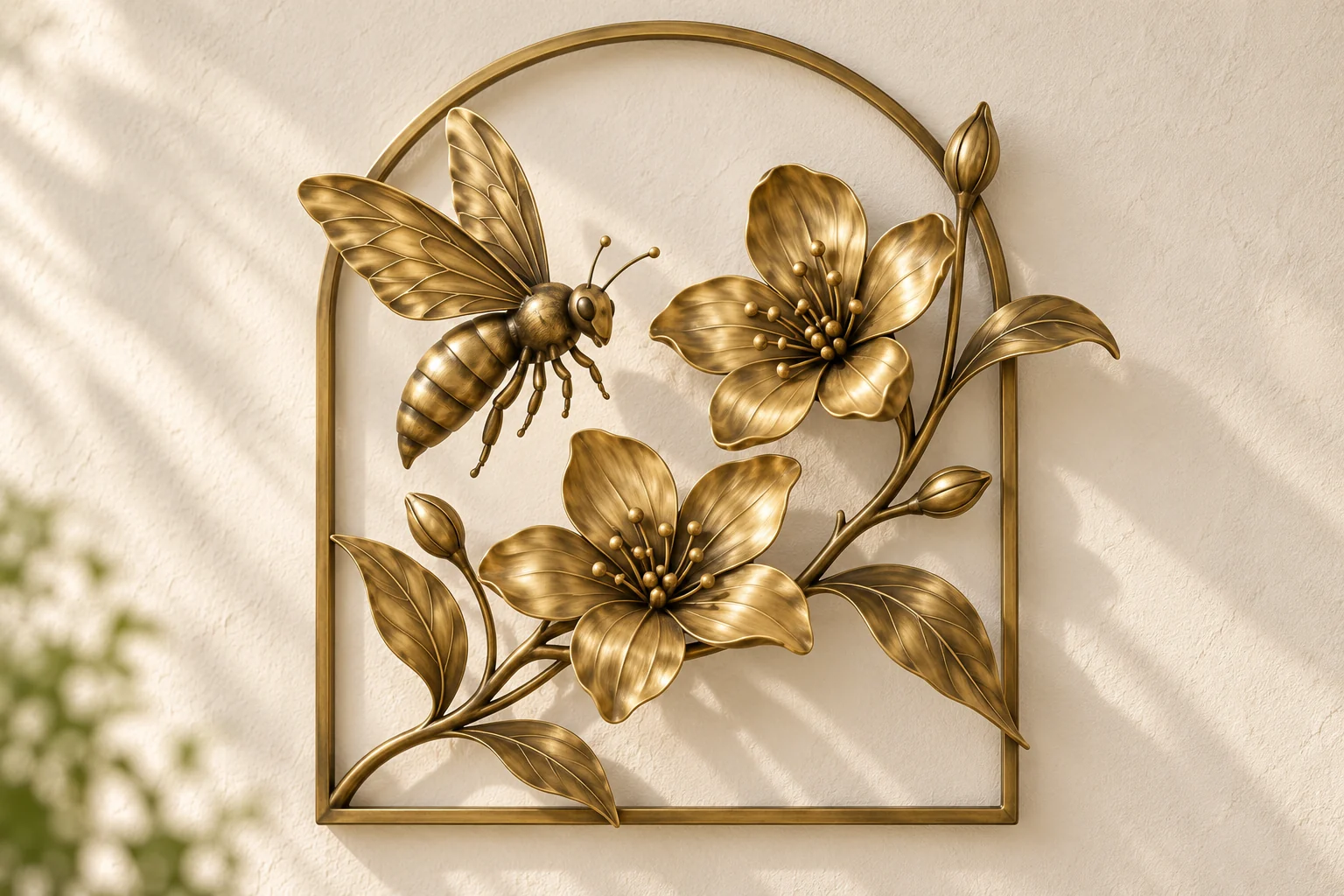 Bee and Blossom open-frame wall art in warm brass tone, rounded arch frame