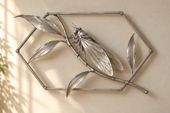 Cicada Summer open-frame wall art in satin silver tone, elongated hexagon frame