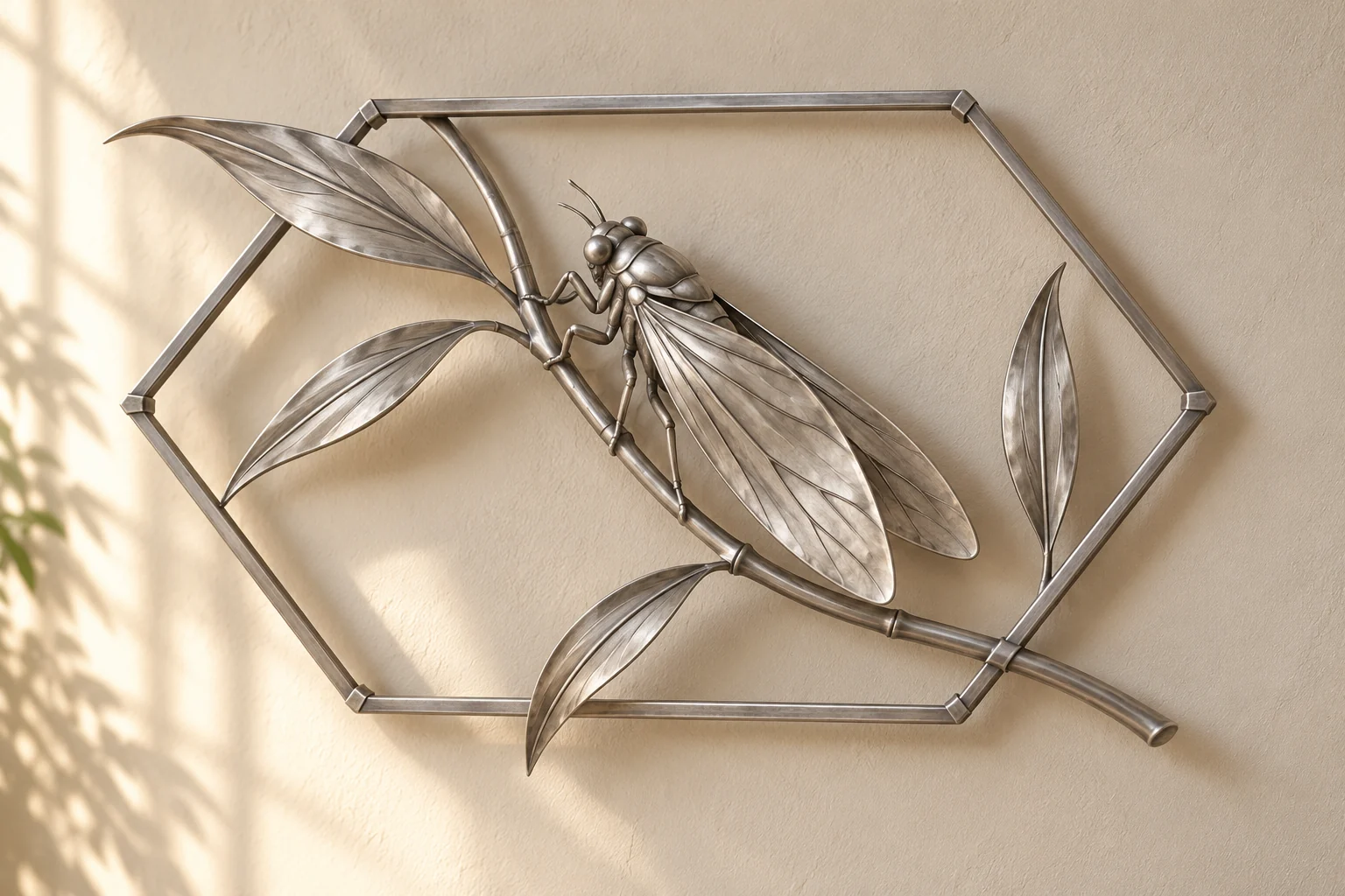 Cicada Summer open-frame wall art in satin silver tone, elongated hexagon frame