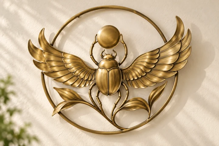 Scarab Sun open-frame wall art in warm brass tone, circular ring frame