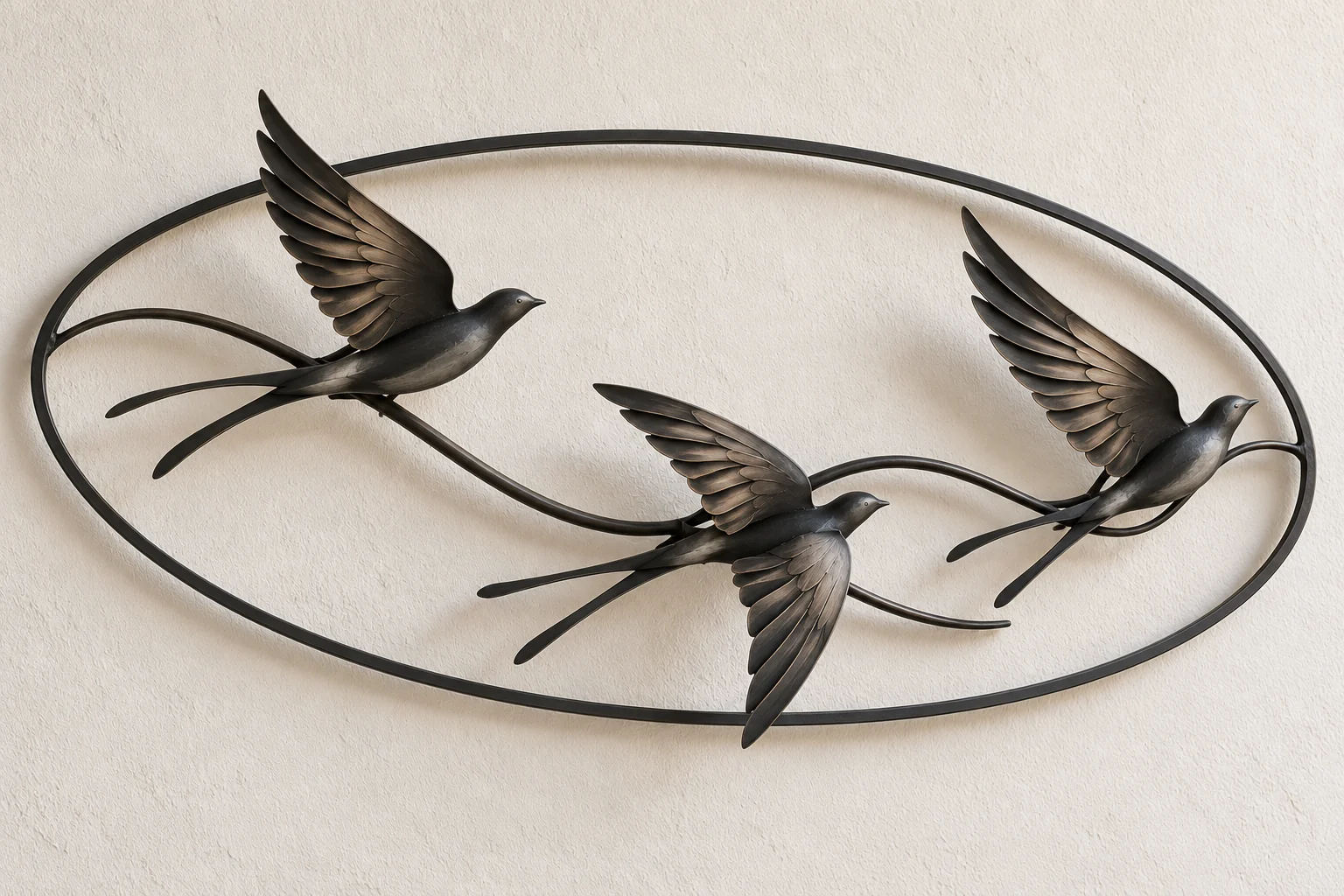 Swallow Current open-frame wall art in dark iron tone, horizontal oval frame