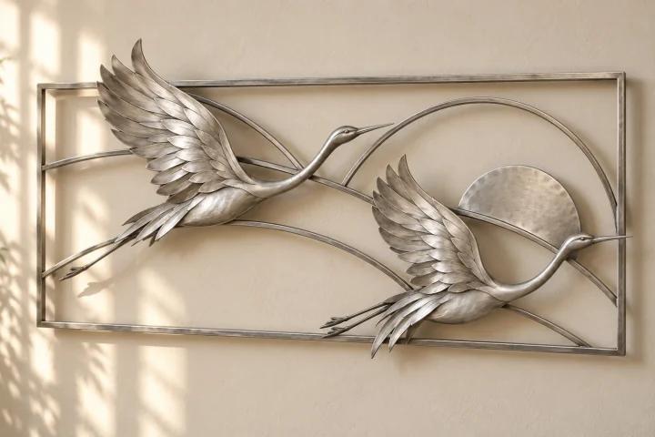 Cranes at Dawn open-frame wall art in satin silver tone, wide rectangle frame