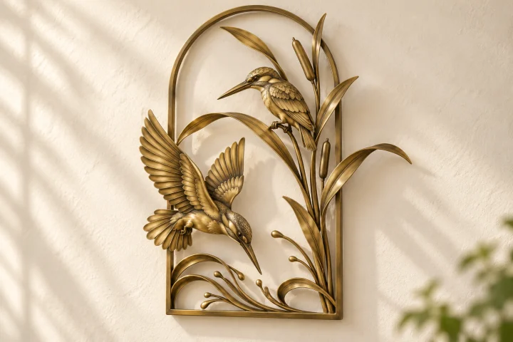 Kingfisher Reed open-frame wall art in warm brass tone, tall arch frame