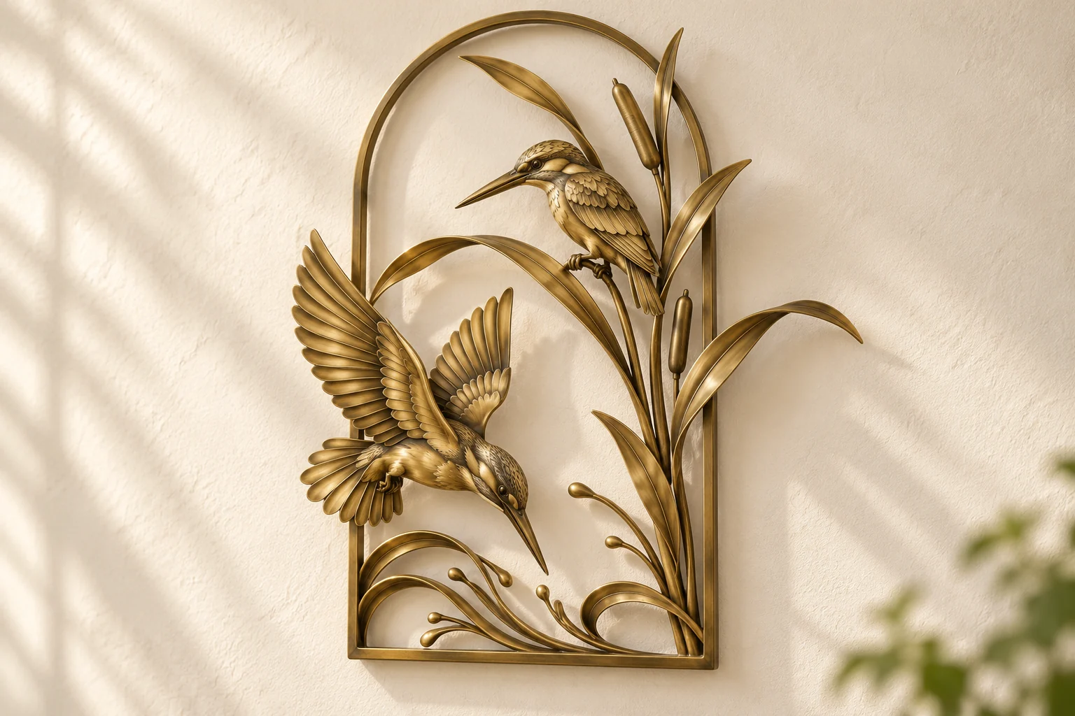 Kingfisher Reed open-frame wall art in warm brass tone, tall arch frame