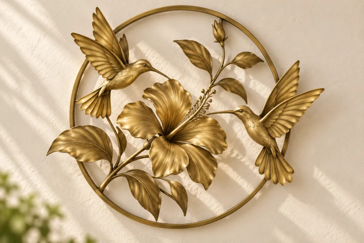 Hummingbird Hibiscus open-frame wall art in warm brass tone, circular ring frame
