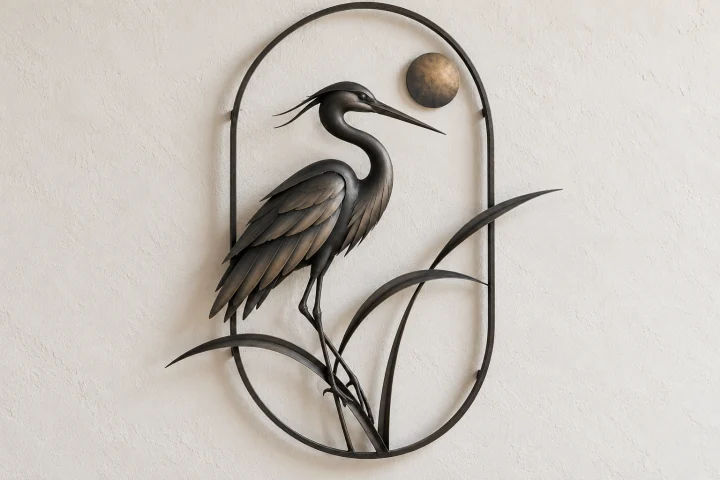 Heron Moon open-frame wall art in dark iron tone, tall circle-ended capsule frame