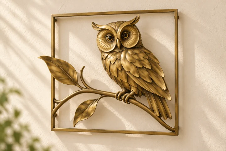 Owl on Branch open-frame wall art in warm brass tone, square frame