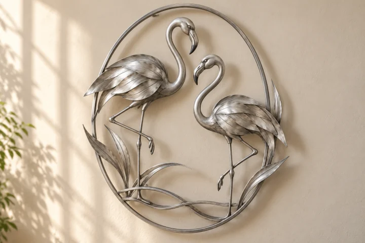 Flamingo Duet open-frame wall art in satin silver tone, tall oval frame