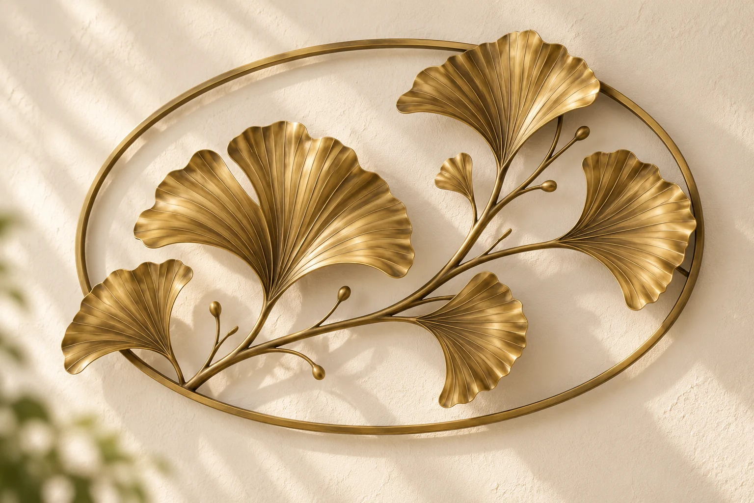 Ginkgo Breeze open-frame wall art in warm brass tone, wide oval frame
