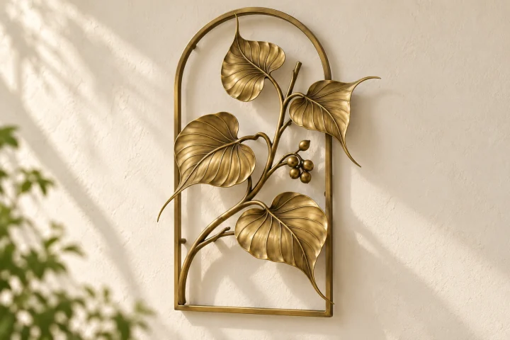 Bodhi Branch open-frame wall art in warm brass tone, tall arch frame