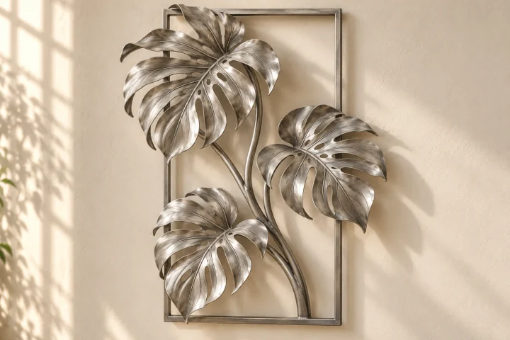 Monstera Window open-frame wall art in satin silver tone, vertical rectangle frame