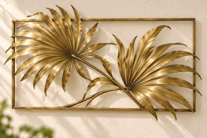 Palm Sweep open-frame wall art in warm brass tone, wide rectangle frame