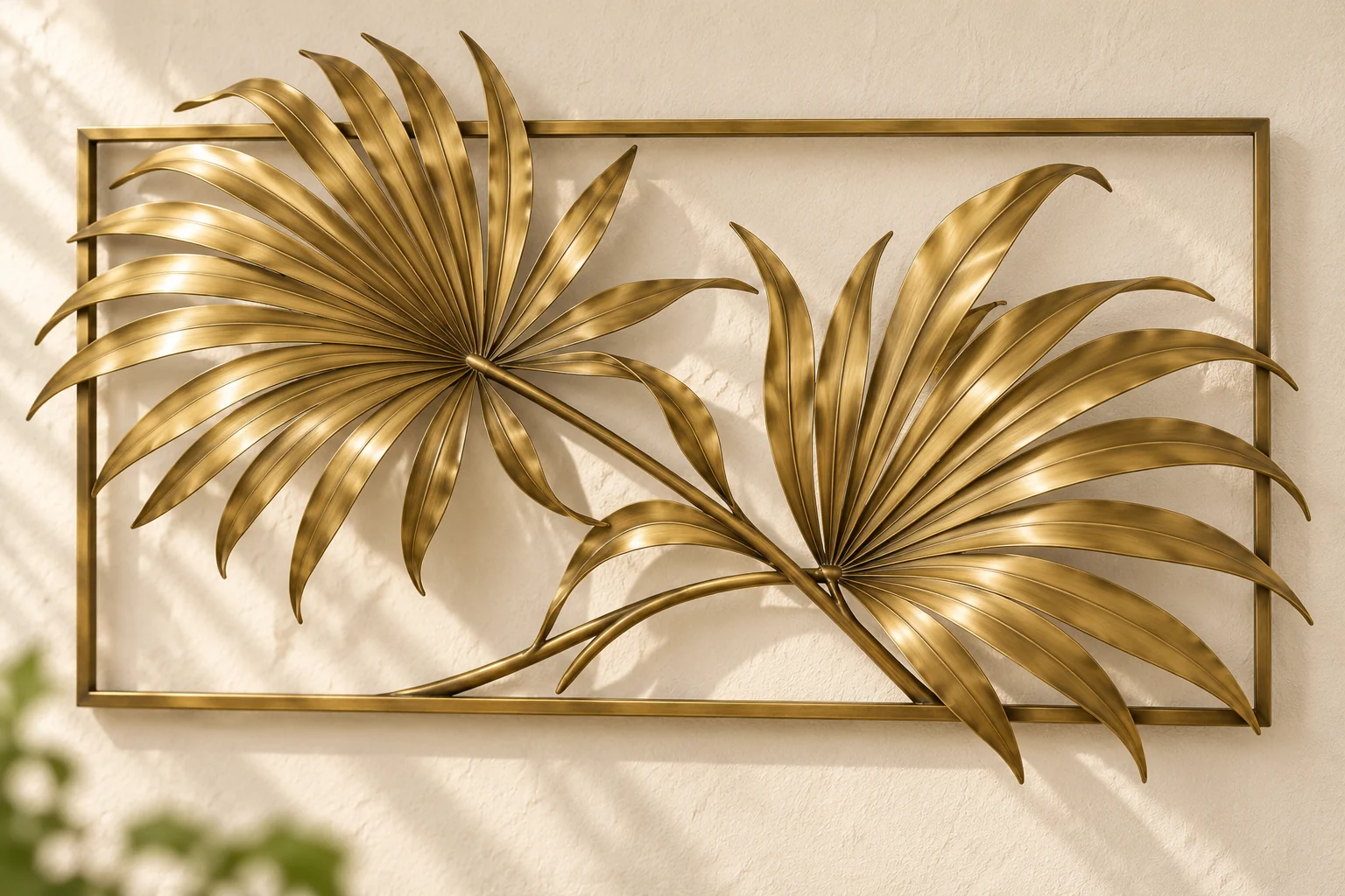 Palm Sweep open-frame wall art in warm brass tone, wide rectangle frame