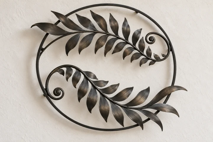 Fern Spiral open-frame wall art in dark iron tone, circular ring frame