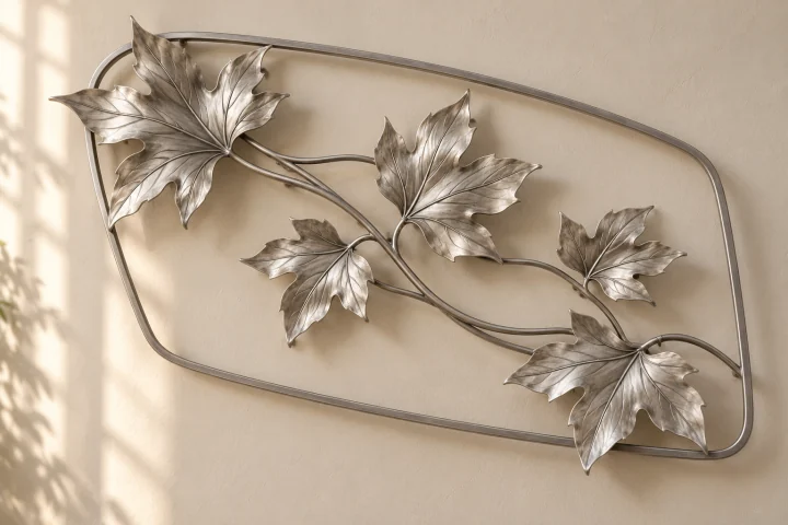 Maple Drift open-frame wall art in satin silver tone, asymmetric rounded trapezoid frame