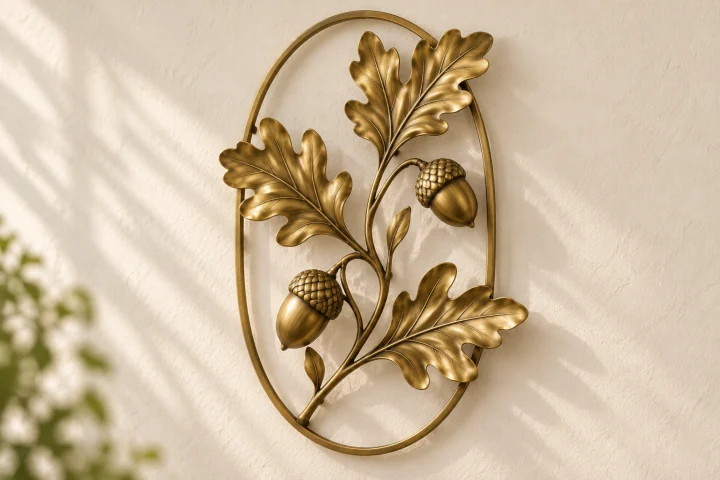 Oak and Acorn open-frame wall art in warm brass tone, tall oval frame