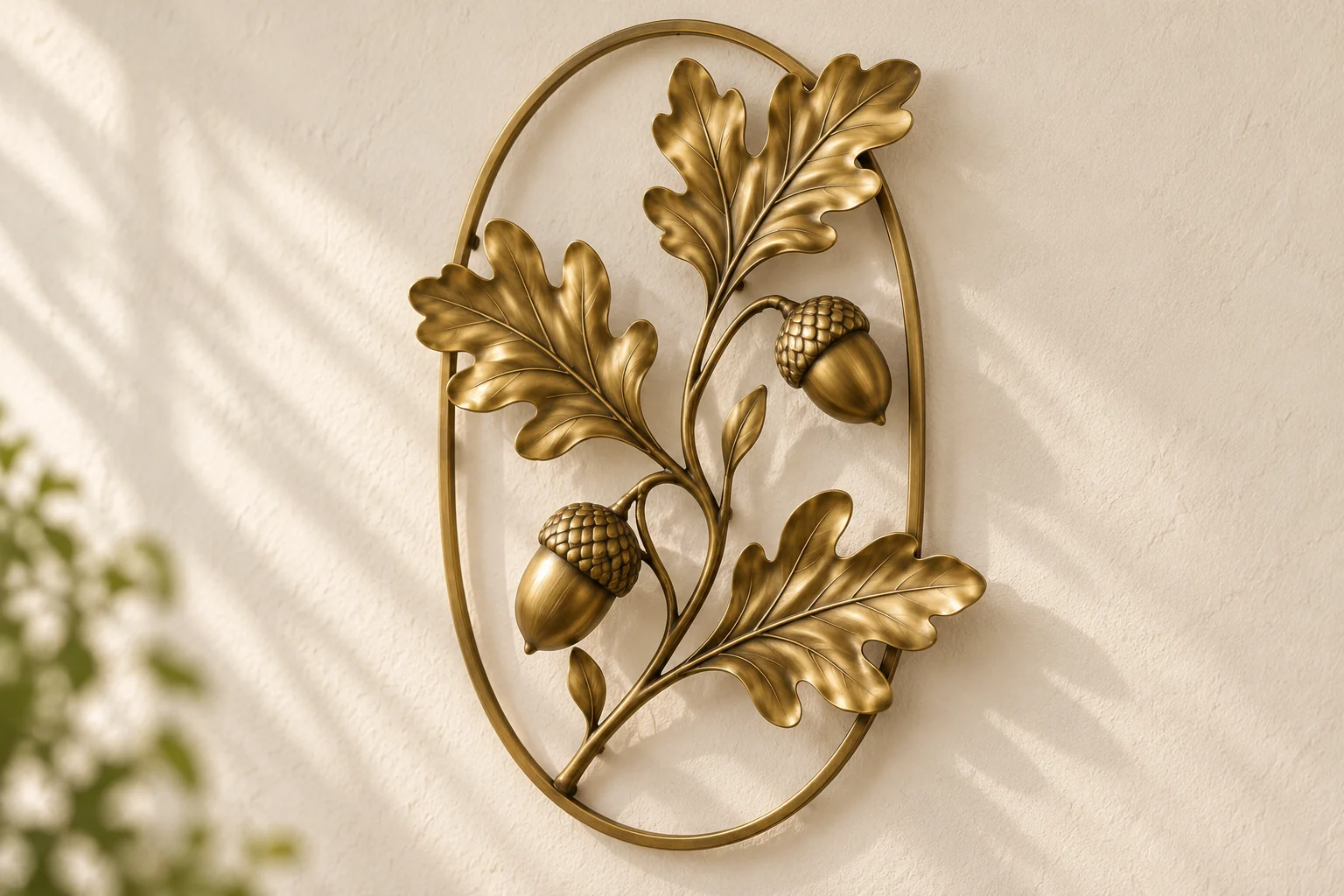 Oak and Acorn open-frame wall art in warm brass tone, tall oval frame