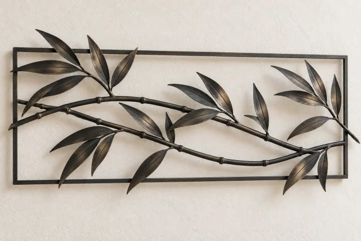 Bamboo Rhythm open-frame wall art in dark iron tone, wide rectangle frame