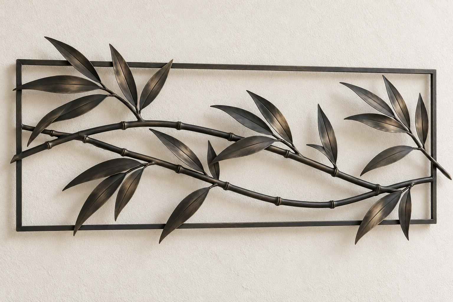 Bamboo Rhythm open-frame wall art in dark iron tone, wide rectangle frame